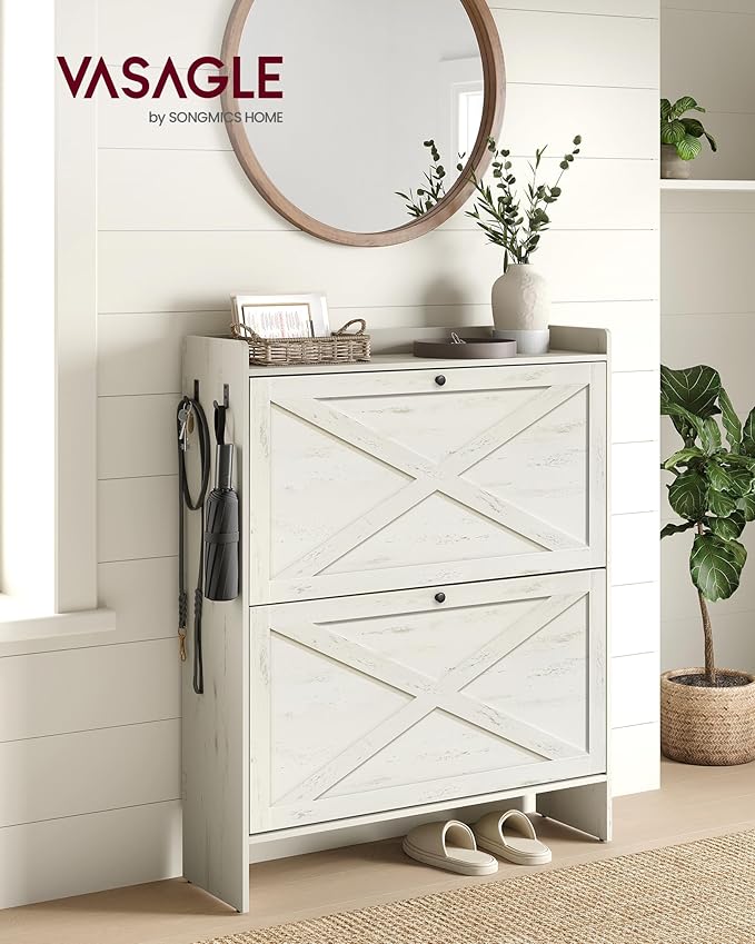 VASAGLE Shoe Storage Cabinet Organizer with 2 Flip Drawers, Freestanding Narrow Shoe Rack Cabinet for Entryway, Farmhouse Style, Fits 14 to 16 Pairs, Rustic White UHSC203WJ01S