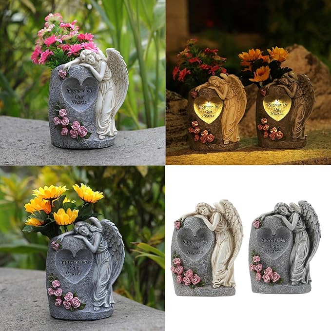 Solar Power Angelic Sculpture Memorials Vase Weather Resistant Resins Grave Decoration for Cemetery Garden