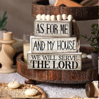 Yuntau 4 Pcs Farmhouse Christian Decor Farmhouse Bible Verse Tiered Tray Decor Rustic Retro Wood Bead Garland As for Me and My House We Will Serve The Lord Block Jesus Sign for Home Shelf Mantel