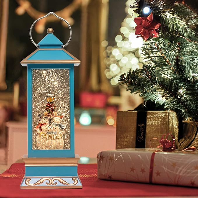 12" Christmas Snow Globe Lantern with Snowman - Water Swirling Glitter LED Light Lantern with Music - Vintage Xmas Gifts - USB Plug or Battery Operated Home Decor (Snowman family)