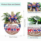 12" Patriotic Wreath Wooden Welcome Sign for Front Door, 4th of July & Memorial Day Decorations, USA 250th Anniversary Decor with Red Blue Stars Bow & Artificial Flowers for Outdoor Porch Patio Fence