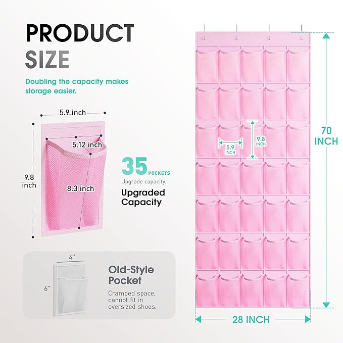 WVM Over the Door Shoe Organizer with 35 Breathable Mesh Pockets, Hanging Shoe Organizer for Door with 4 Metal Hooks, Large Capacity Closet Storage for Shoes, Accessories