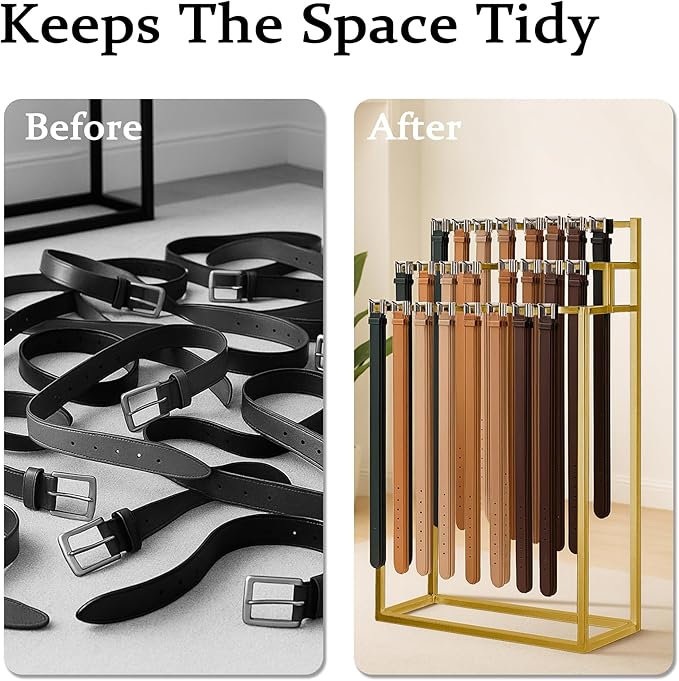 Retail Belt Display Stand,Floor Mounted Belt Hanger, Metal Men Belt Organizer,Commercial Tie Scarf Purse Display for Clothing Retail and Home (Gold)