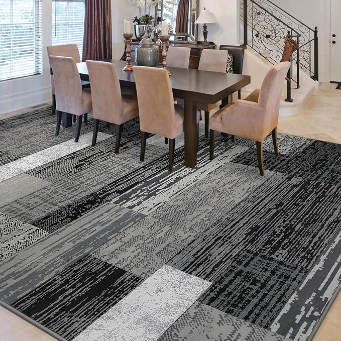 FlyDOIT Modern Geometric Patchwork Area Rug, 9x12 Grey Large Rugs for Living Room, Rockwood Collection Indoor Rugs for Bedroom, Throw Carpet Floor Decor for Entryway Dining Room Office Nursery
