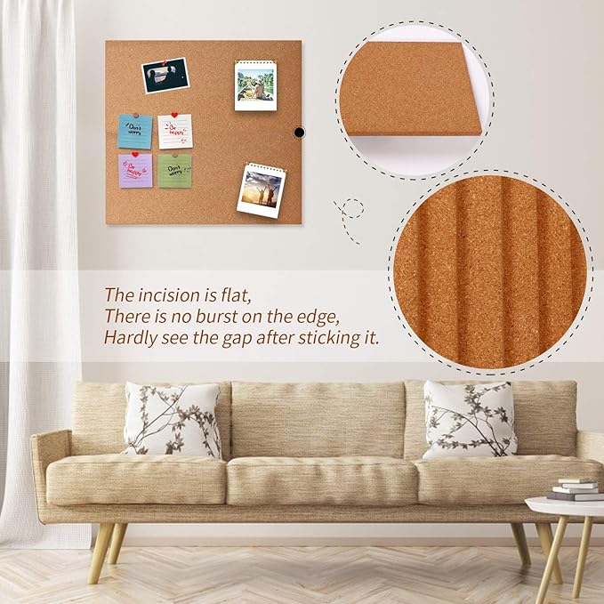 Cork Bulletin Board 17"x8" - 1/2" Thick Cork Board Tiles Frameless Cork Tiles, Self-Adhesive Corkboards Wall Decor Bonus Pushpins (8pack) for Office, School and Home