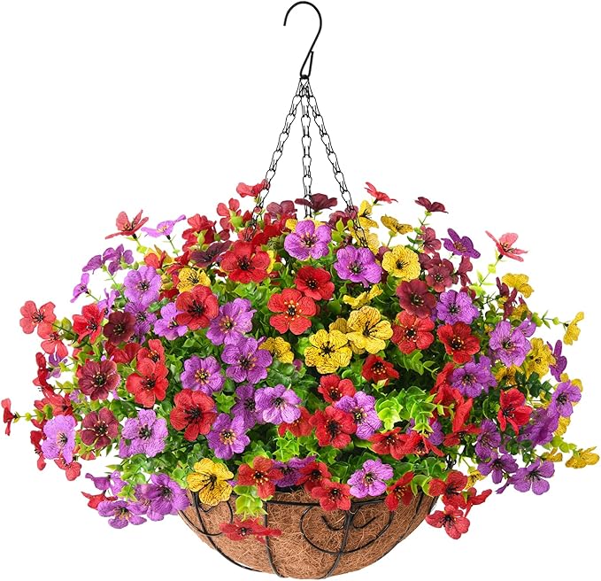 Artificial Faux Hanging Flowers Plants with Basket for Outdoor Spring Decoration, Fake Silk Daisy Outside Indoor UV Resistant Look Real Yard Patio Front Porch Garden Balcony Home Decor(MIx1)