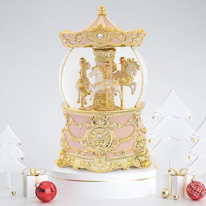 Carousel Music Box Gold & Pink Christmas Snow Globes, 8.3" Rotate Carousel Snow Globe for Kids & Adults, Classic Wind up Musical Snow Globe Valentines Day Gifts for Women Girls, Carousel Home Decor