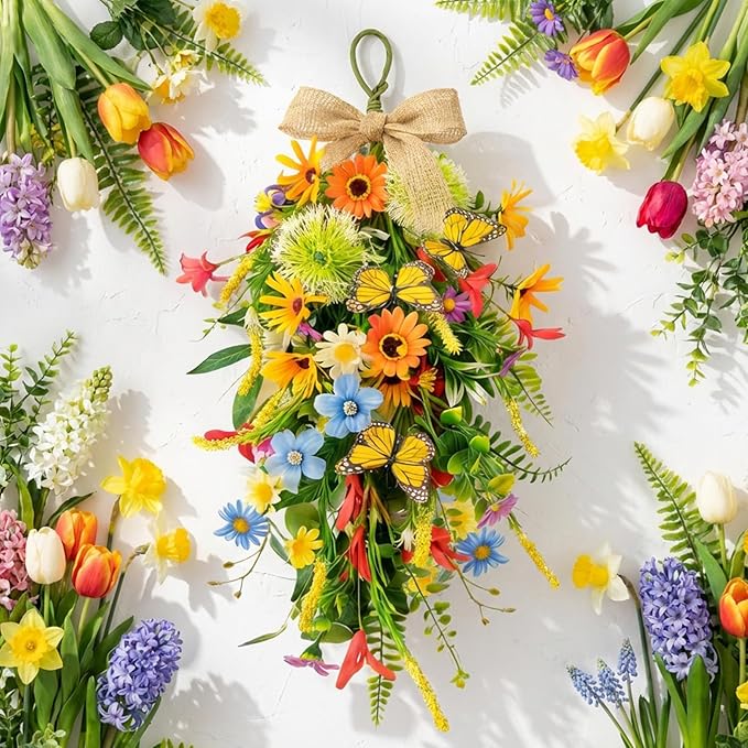 2 PCS 24'' Spring Summer Floral Teardrop Swags for Front Door Artificial Sunflowers Daisy Teardrop Swags Lavender Butterfly Swag Wreath Eucalyptus Hanging Swag for Farmhouse kitchen Cabinet Home Decor
