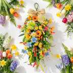 2 PCS 24'' Spring Summer Floral Teardrop Swags for Front Door Artificial Sunflowers Daisy Teardrop Swags Lavender Butterfly Swag Wreath Eucalyptus Hanging Swag for Farmhouse kitchen Cabinet Home Decor