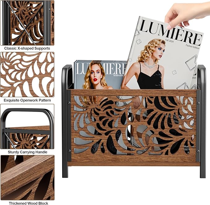Magazine Holder, Magazine Rack Floor, Wood Magazine File Holder, Magazine Organizer, Album Storage for Vinyl Records, Farmhouse Magazine Storage Rack for Magazines, Newspapers, Books
