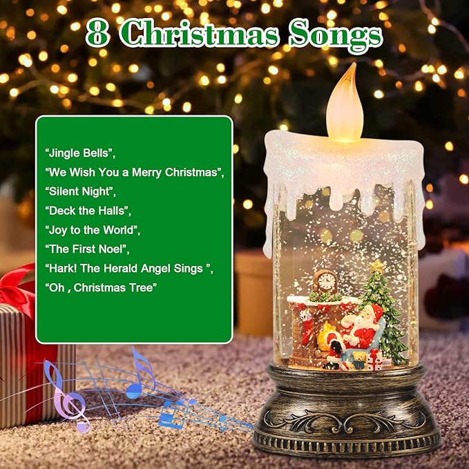Wondise Rechargeable Musical Santa Snow Globe Lantern with 6H Timer, Battery Operated & USB Powered Lighted Singing Snow Globe Lamp Spinning Water Swirling Glitters Holiday Decor