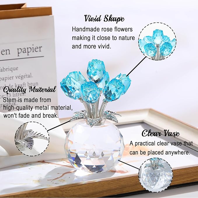 Arikyrist Crystal Lake Blue Rose Bouquet Figurine with Round Vase Gifts for Her, Glass Rose Flower Romantic Keepsakes for Women Mom on Christmas, Collectible Decoration Table Centerpiece for Home