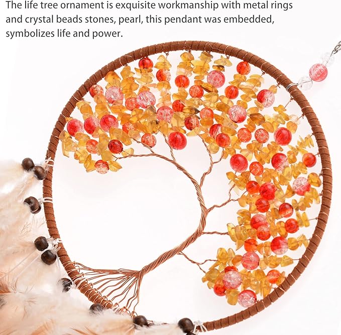 Pretty Jolly Brown Tree of Life Dream Catcher Wall Decor with Healing Crystal Stone Handmade Feather Dream Catchers Decoration Wall Hanging Bedroom Living Room Wedding Party Home Decor-25.6"