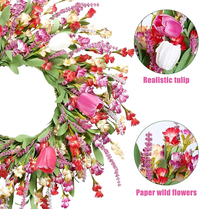 Sggvecsy Spring Summer Wreath for Front Door 22 Inch Artificial Colorful Flower Wreath with Colorful Tulips Greenery Leaves Lavender for All Seasons Home Farmhouse Indoor Outdoor Wall Decor (Mixed)