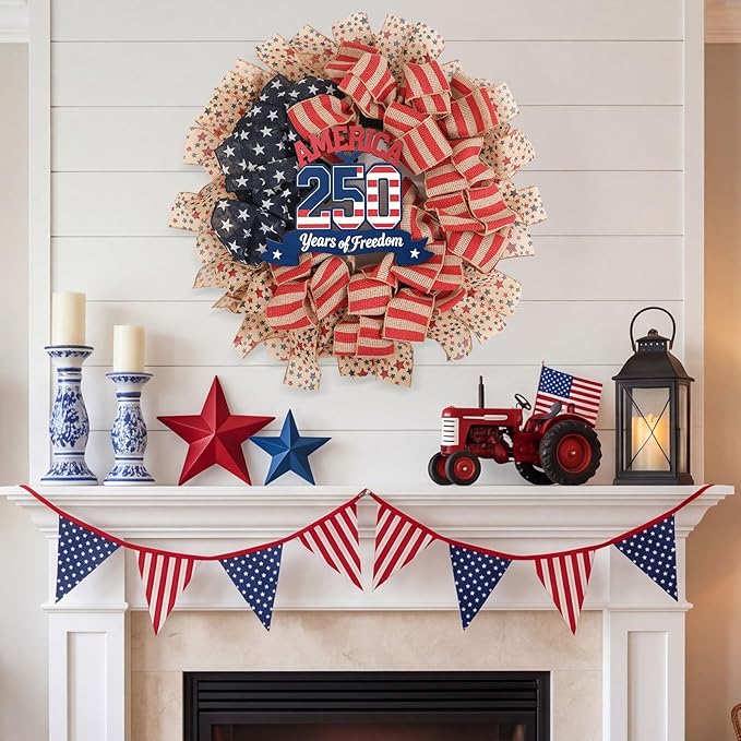 24Inch 4th of July Wreath, Patriotic Burlap Wreath for Front Door,Stripe and Stars Wreaths for USA 250th Anniversary, Memorial Day American Flag Printed Decorations for Outdoor (Flag Wreath)