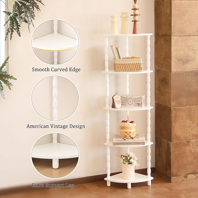 MaxSmeo Corner Bookshelf, 5-Tier Corner Shelf Stand, Modern Corner Plant Shelves with Storage, for Bedroom, Bathroom, Kitchen, Living Room (White)