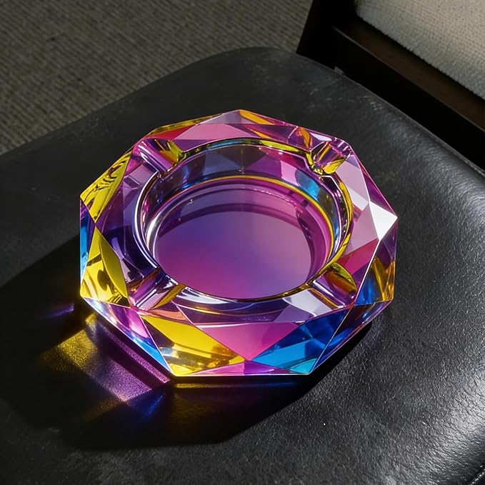 Coomin 5.9in Large Crystal Glass Ash Tray, Sparkly Cigarettes Cigar Ashtray, Ashtrays for Smokers Indoor Office Home Desktop Tabletop, Gifts for Women, Purple