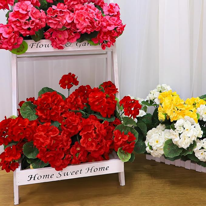 Artificial Geraniums Flowers for Outdoors Spring Decor, Fake Flowers 4 Bundles UV Resistant Fake Geraniums Flowers Silk Faux Plants for Home Planter Gardens Table Patio Porch Hanging Summer Decor(Red)