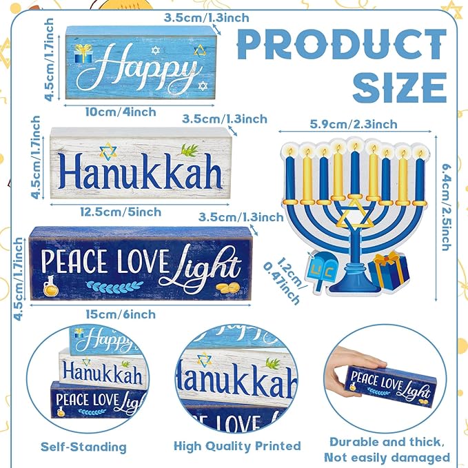 Moucuny 4 Pcs Hanukkah Decorations for Home Chanukah Table Decor Wooden Menorah Decoration Hanukkah Centerpiece Rustic Decorative Menorah Block Signs Gift Farmhouse Jewish New Year Decoration for Home