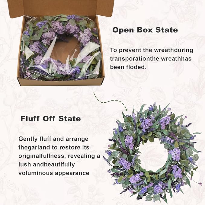24-Inch Lavender Wreath for Front Door, Purple Hydrangea Wreath with Eucalyptus, Artificial Spring and Summer Floral Wreath for Indoor Outdoor Walls, Windows, and Home Year-Round Display