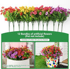 Artificial Fake Flowers for Outdoors Spring Decor, 12 Bundles Faux Silk Flowers Daisy Eucalyptus Plants UV Resisitant Colorful Artificial Flowers for Outside Planter Pots Front Porch Garden Patio