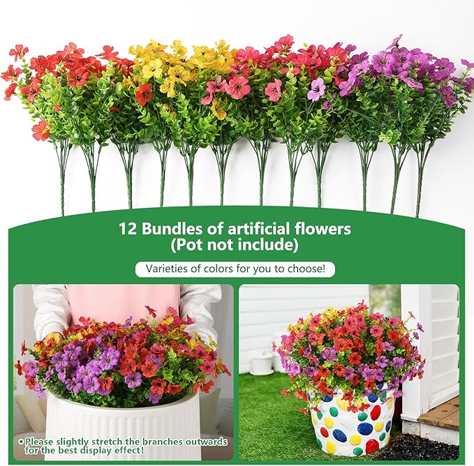 Artificial Fake Flowers for Outdoors Spring Decor, 12 Bundles Faux Silk Flowers Daisy Eucalyptus Plants UV Resisitant Colorful Artificial Flowers for Outside Planter Pots Front Porch Garden Patio