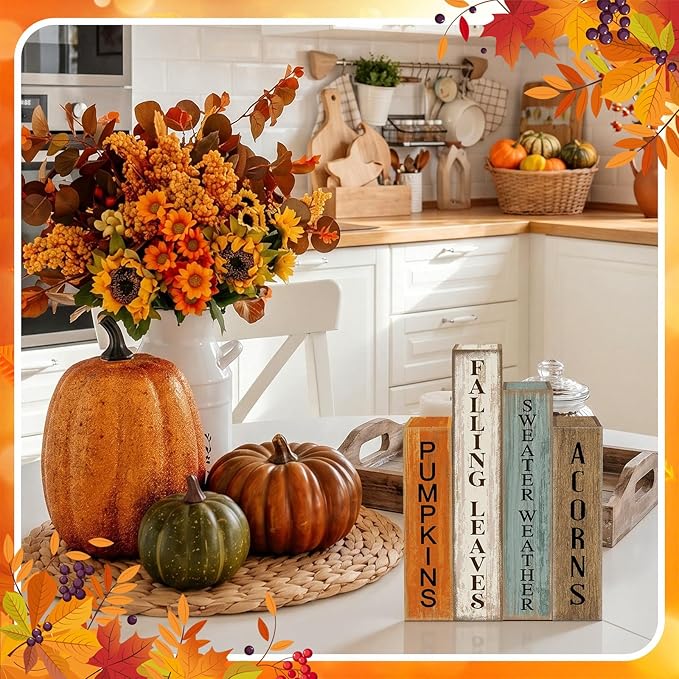 Lineshading 4 Pcs Fall Decoration Wooden Book Autumn Table Decoration Pumpkin Falling Leaves Acorns Tiered Tray Decor Wood Book Sign Farmhouse for Autumn Home Shelf Coffee Table