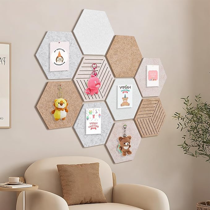 15'' Hexagon Cork Board Tiles Alternative 10 Pack, Adhesive Large Corkboard for Office Decorative, Hexagonal Felt Bulletin Board Tiles for Wall Vision Board, Sound Absorption Pin Board
