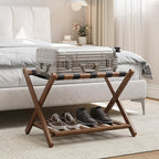 26.77“ Fully Assembled Dark Walnut Luggage Racks with Folable Storage Shelf, 5 Heavy-Duty Straps Bamboo Suitcase Stand, Luggage Holders for Guest Room, Bedroom, Hotel