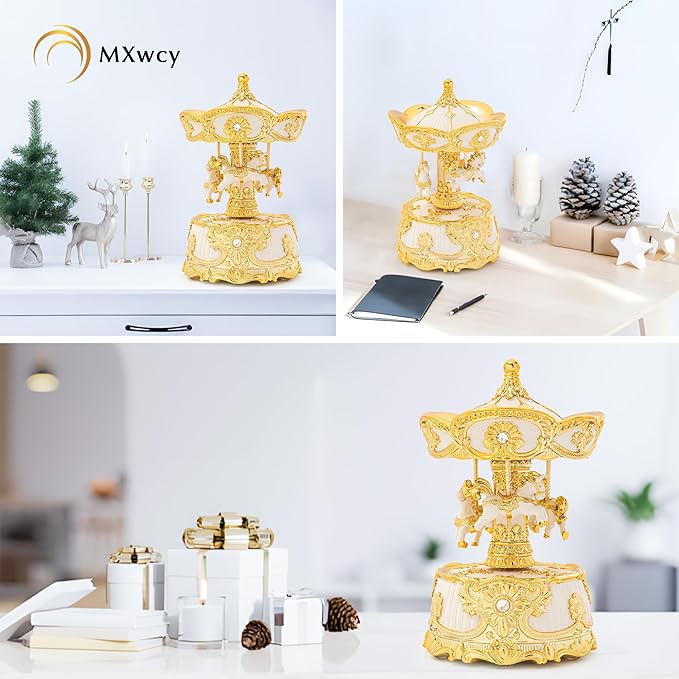 MXwcy Carousel Music Box 6.2" Classic Wind Up Music Box, Rotating Carousel Horse Christmas Table Center Piece, Gold & Ivory Vintage Home Decor, for Mom Women Birthday Gifts for Girls