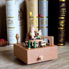 Natural Solid Wood Handcrafted Beech Wooden, Musical FigureTotoro/Carousel/Fairy/Ballerina Figurine,Rotating Hand Crank Mechanism Music Box,Musical Decorations (Little Bear and Train)