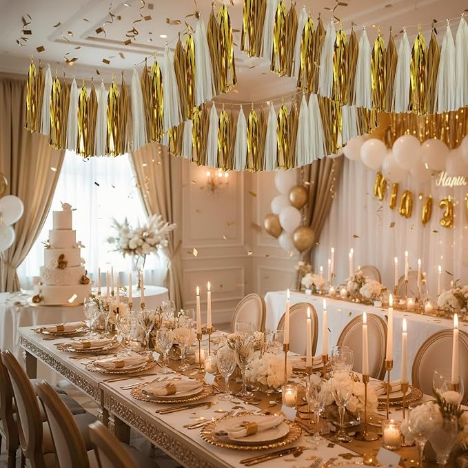15Pcs White Gold Paper Tassel Garland,Gold Cream Khaki Tissue Tassel Banner for Baby Shower Wedding Engagement Birthday Party Decorations