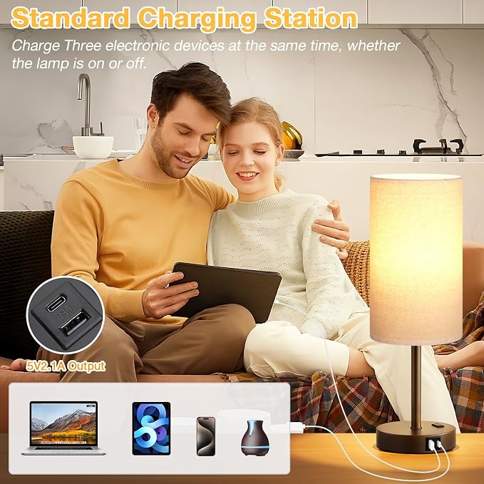 Dicoool Touch Bedside Table Lamp with USB - 3 Way Dimmable Brown Lamp for Bedroom Nightstand, Desk Lamp with Charging Station for Dorm, Office, Kids Room, Living Room