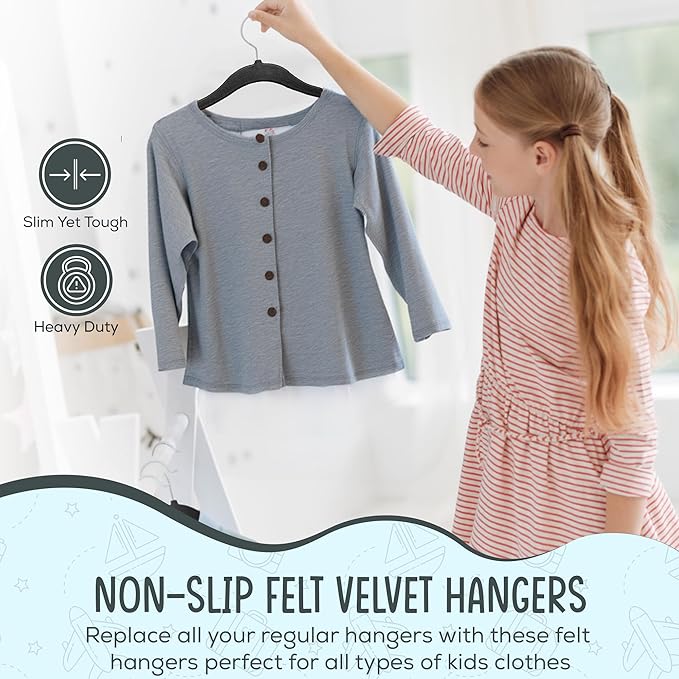25 Premium Kids Velvet Hangers - 14" Non-Slip Clothes Hangers for Kids & Preteens - Ultra Slim, Space-Saving, Strong & Durable Hangers with 360° Swivel Hook - Black