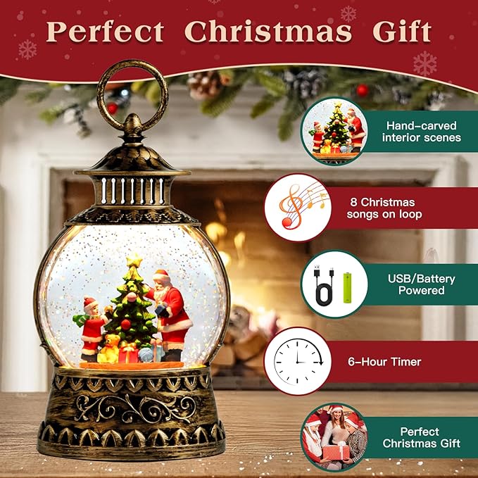 Christmas Santa Snow Globe, Christmas Musical Snow Globe Lantern Lights with 6H Timer Battery & USB Powered, Retro Style Holiday Glitter Globe for Xmas Home Decoration Holiday Party Gifts
