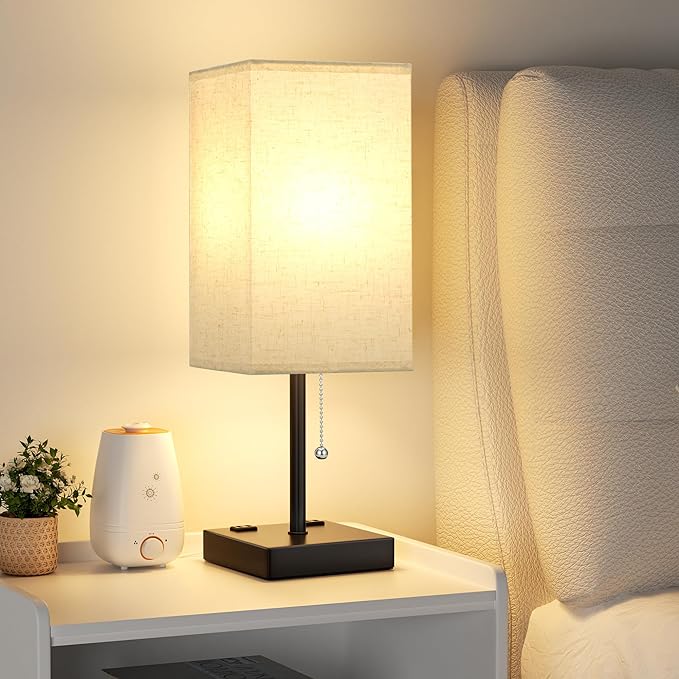 aooshine Beige Table Lamp for Bedroom - 3 Color Temperature 3000K 5000K 4000K Bedside Lamp, Pull Chain Control, USB A and C Ports, AC Outlets, Bulb Included, Medium