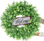 26" Artificial Eucalyptus Wreath with Welcome Sign for Front Door, Porch, Window - Large Faux Eucalyptus Greenery Outdoor Wreath for Home, Farmhouse Decor - Spring, Summer, All Seasons (Green)