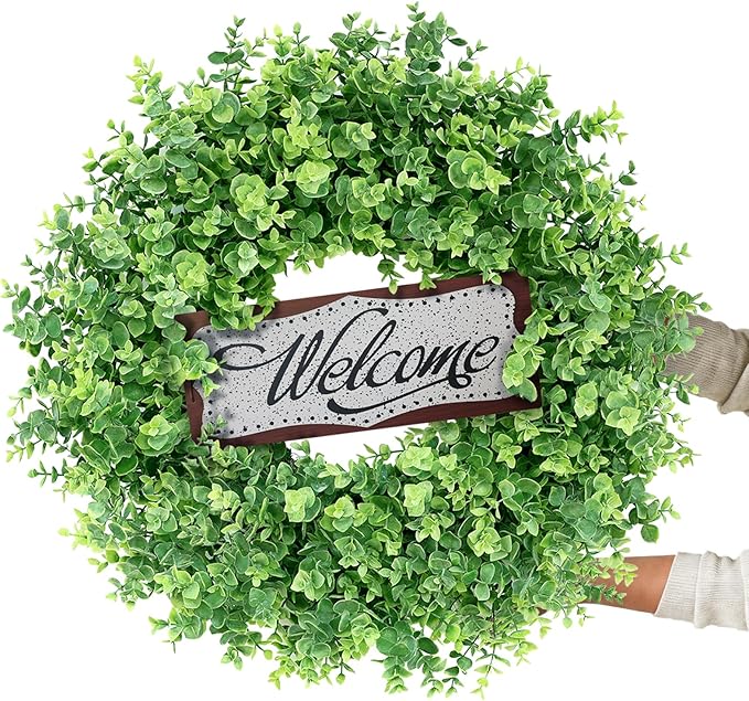 26" Artificial Eucalyptus Wreath with Welcome Sign for Front Door, Porch, Window - Large Faux Eucalyptus Greenery Outdoor Wreath for Home, Farmhouse Decor - Spring, Summer, All Seasons (Green)