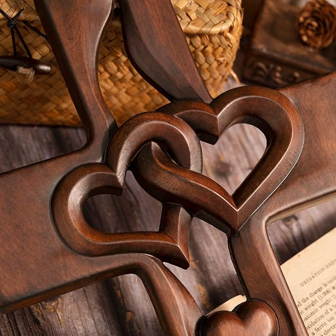 BGCOPPER Marriage Cross for Wall Love Wall Decor, Handmade Wooden Intertwined Heart Wall Cross for Wedding Valentine Christmas Gift - 20 Inch