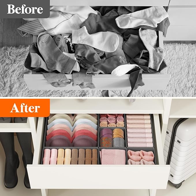 Lifewit Drawer Organizer Clothes for Closet 48 Pack, 3 Sizes Underwear Wardrobe Drawer Dividers, Fabric Foldable Dresser Storage Organizer Bins for Sock/Bra/Lingerie/Undies, Gray