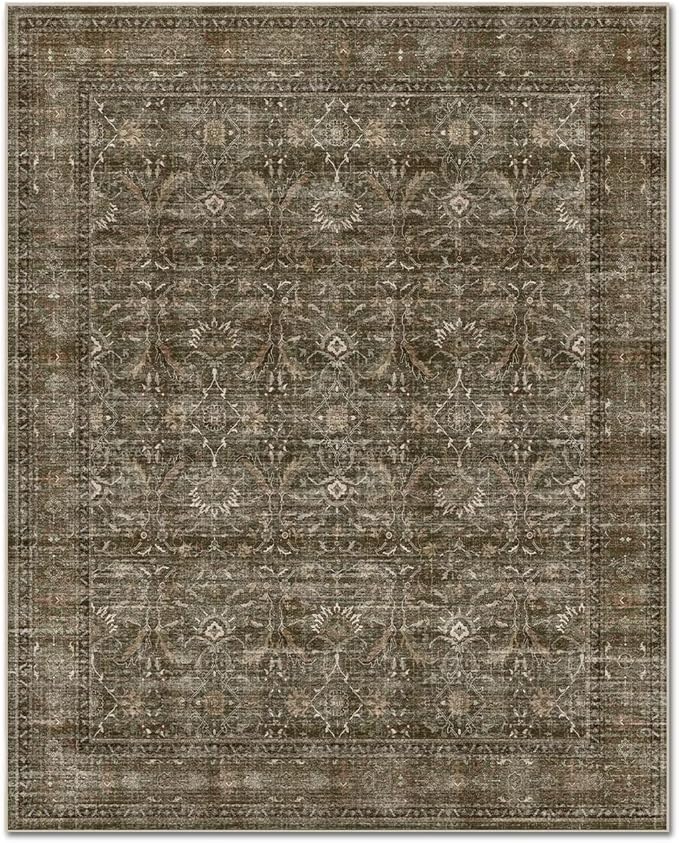 Washable 6x9 Area Rugs for Living Room, Boho Non-Slip Vintage Distress Large Rugs for Bedroom Dining Room Nursery Office, 0.3" Neutral Oriental Throw Thin Carpet, Rust/Multi