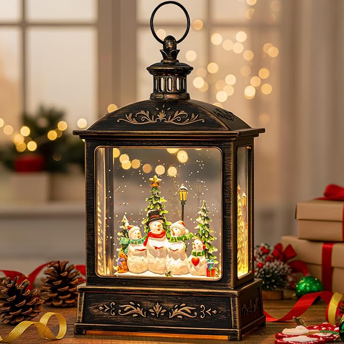 Christmas Snow Globe Swirling Glittering Snowman Choir with Music & Timer, USB Lined/Battery Operated Lighted Water Lantern for Christmas Festival Decoration Gifts