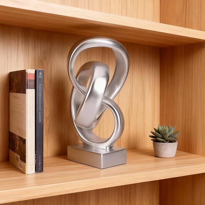 DOVDOV Abstract Silver Knot Sculpture, Geometric Decorative Statue, Silver Accent Piece for Living Room Coffee Table or Bookshelf Surface, Office TV Cabinet or entryway Console Table Decoration.