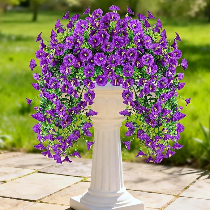 Artificial Hanging Flowers for Outdoors, 2 PCS UV Resistant Faux Silk 150 Morning Glory Each Trailing Vines, Fake Plants for Spring Outdoor Garden Planter Porch Patio Decoration, Purple