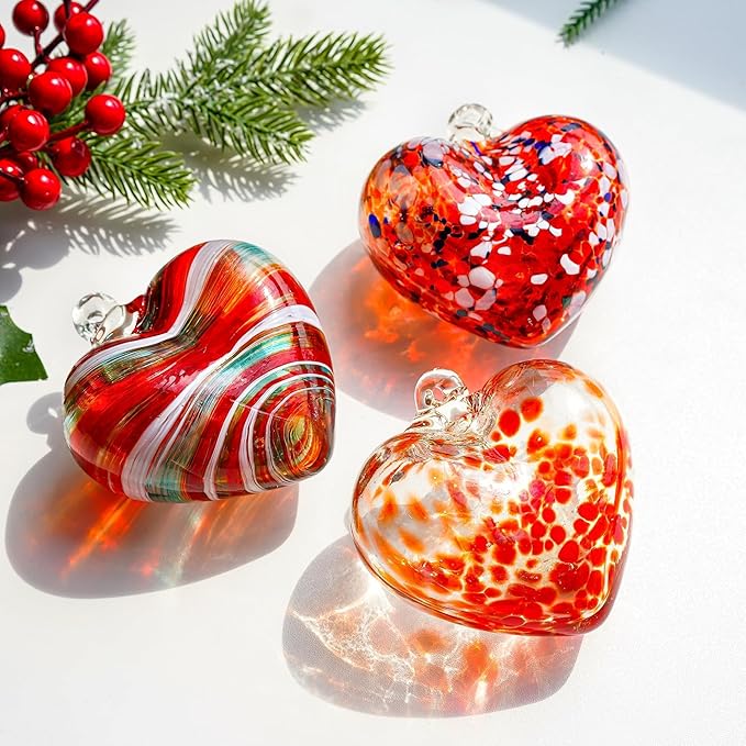 4inch Hand Blown Glass Red Heart Ornaments Hanging Friendship Hearts for Patio Garden Outdoor Decor Unique Gift Valentine's Day Decorations for Lover