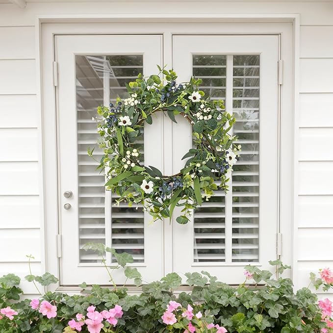 LZNPA 20 Inch Spring Summer Easter Wreaths for Front Door Eucalyptus Wreath with Blue Berries Elegant Durable Greenery Front Door Wreath for Outside Wedding Farmhouse Porch Wall Room Home Decor