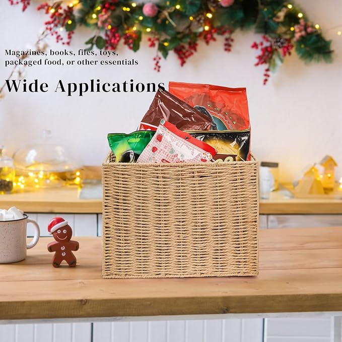 Woven Magazine Holder, 15'' x 6'' x 11'' Book Basket with Built-in Handles, Narrow File Storage Newspaper Organizer for Living Room, Bedroom, Office, Bathroom