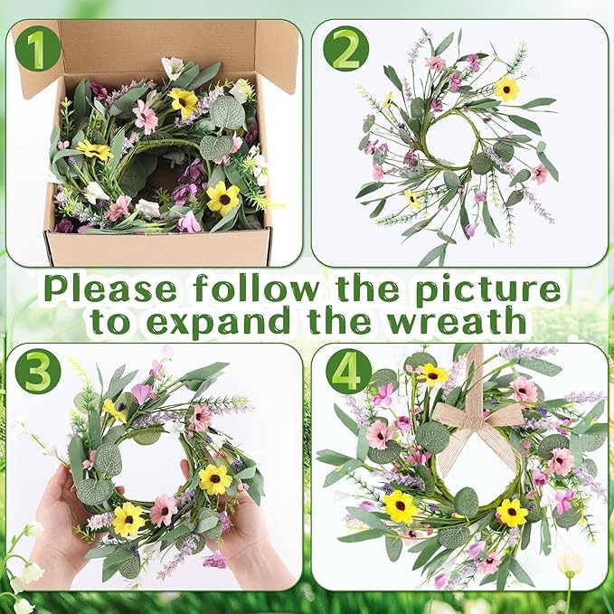 6 Pcs 9" Small Summer Wreath for Kitchen Cabinet Floral Candle Rings Wreaths Wildflower Wreath with Ribbon for Pillars Front Door Porch Wall Window Farmhouse Party Home Indoor Decor