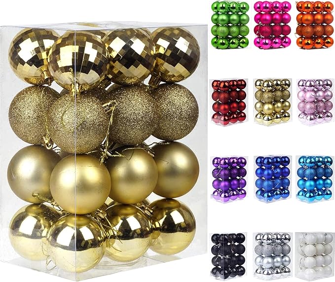 Emopeak 24Pcs Christmas Balls Ornaments for Xmas Christmas Tree - 4 Style Shatterproof Christmas Tree Decorations Hanging Ball for Holiday Wedding Party Decoration (Gold, 1.6"/4.2CM)
