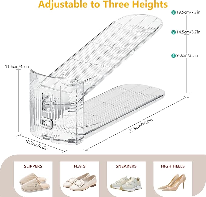12-Pack Shoe Slots Organizer for Closet, Space Saving Shoe Stacker with Adjustable Height, Double Deck Shoe Storage for Small Spaces, Clear & Sturdy (Transparent)
